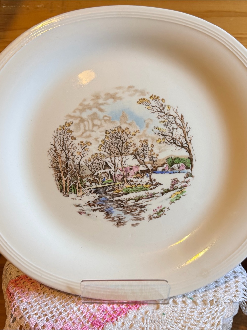 Cream Ceramic Dinner Plate with Pastel Countryside Illustration